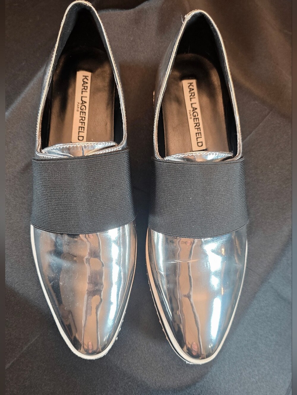 Karl Lagerfeld Women's Silver Metallic Loafers with Black Elastic Strap